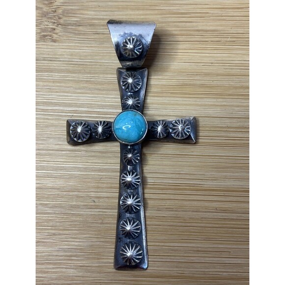 Chimney Butte Native American Sterling Cross Pendant Turquoise - Picture 2 of 9